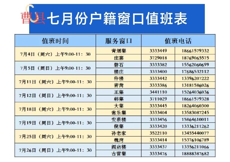 曹县公安七月周末户籍值班表上新！（附电话）