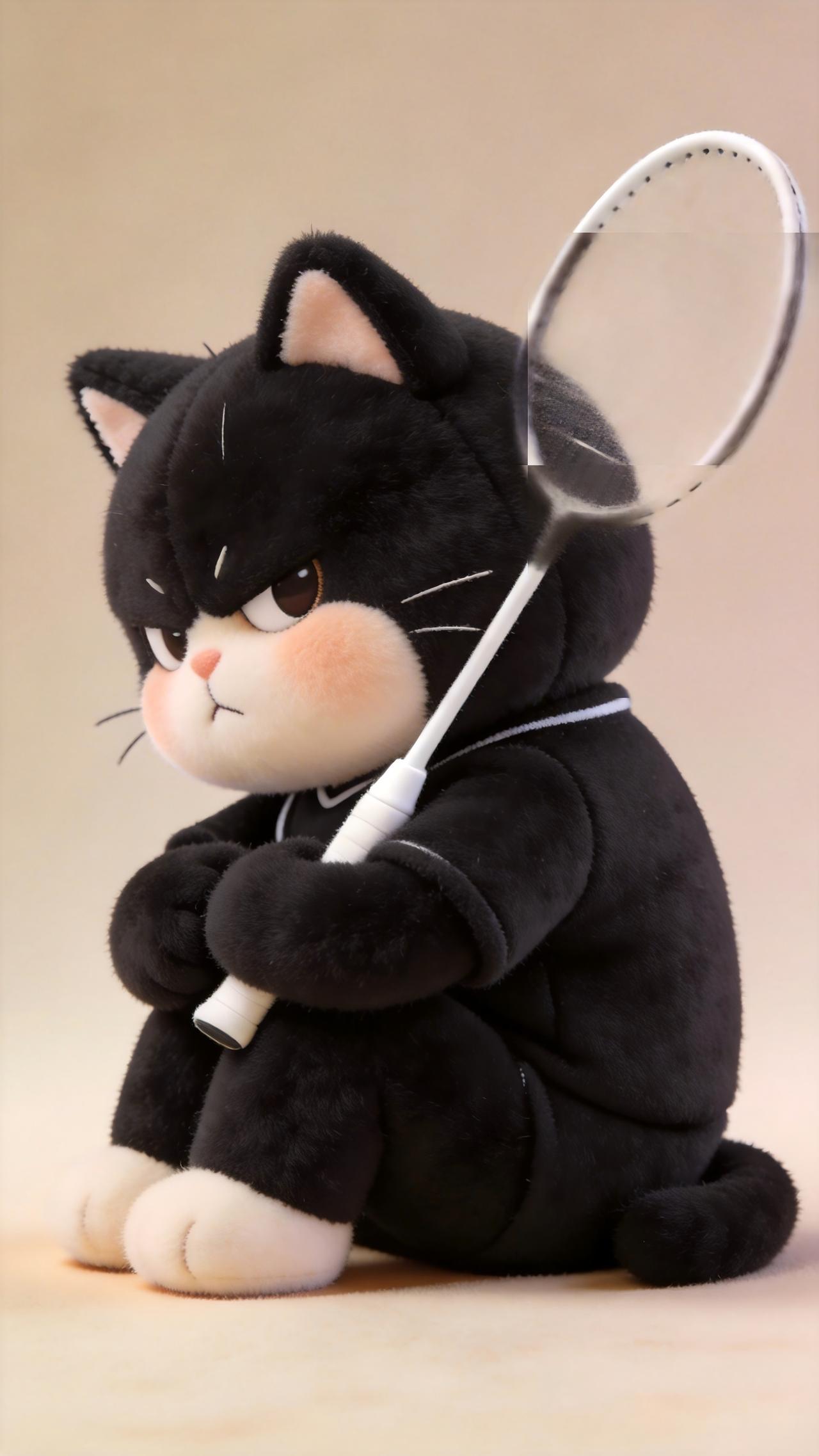 报告！发现一只气鼓鼓的羽球小猫。
猜一猜：它是因为没人陪打生气？还是没打赢球生气