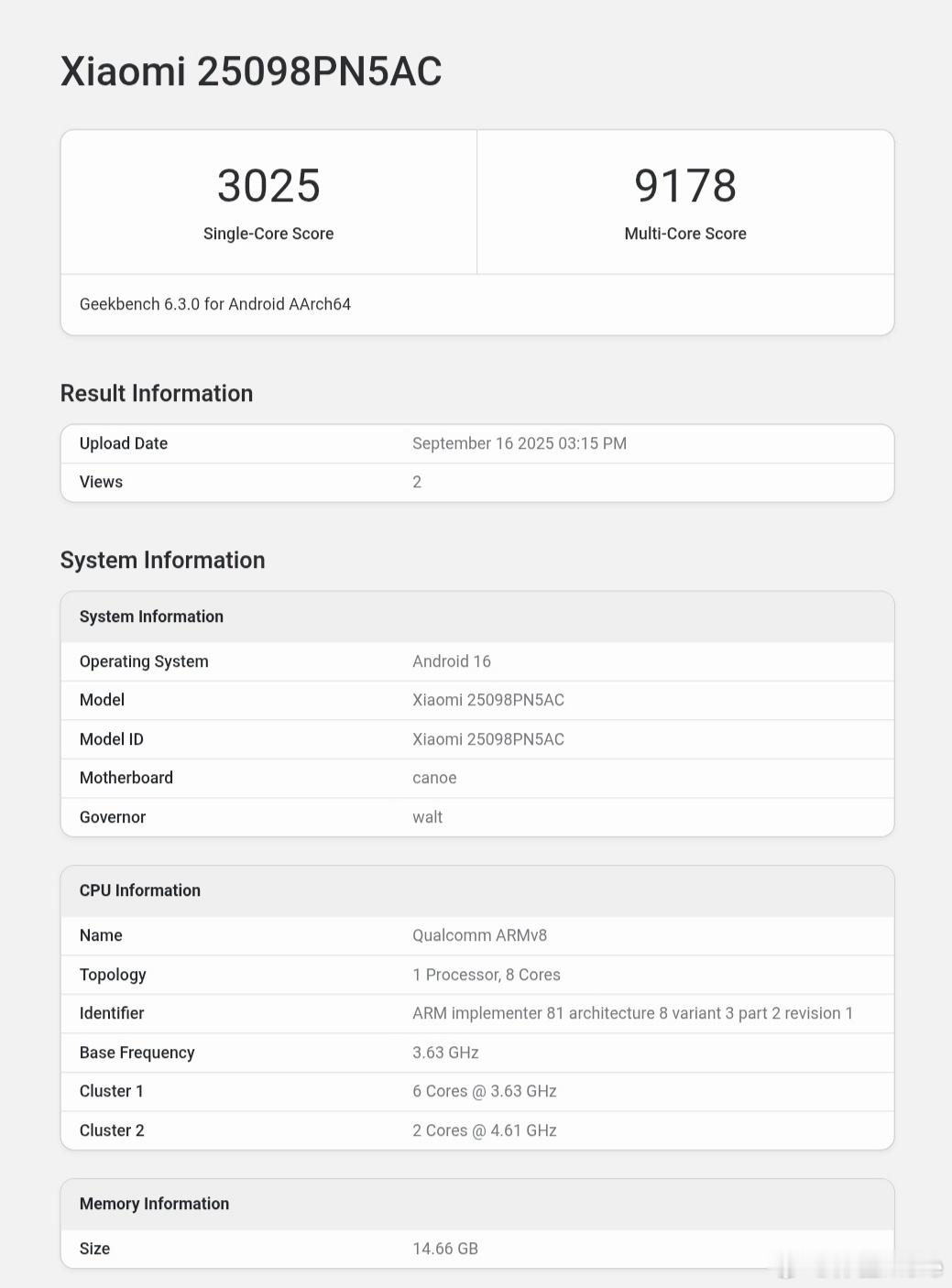 小米17 Pro(骁龙8 Elite Gen5)首个跑分，3025/9178。 