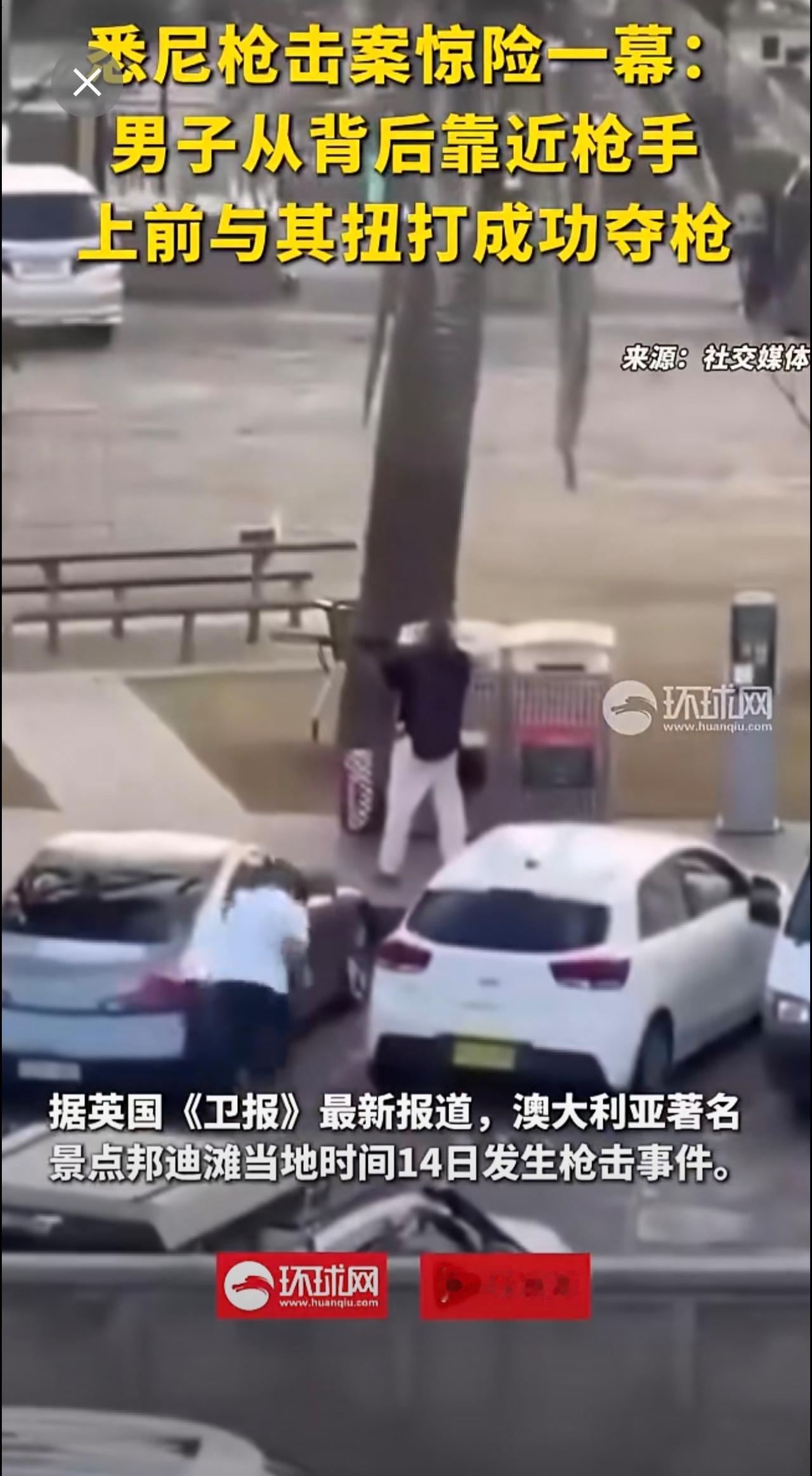 悉尼枪击案惊险一幕：男子从背后靠近枪手，上前与其扭打成功夺枪。（环球网）