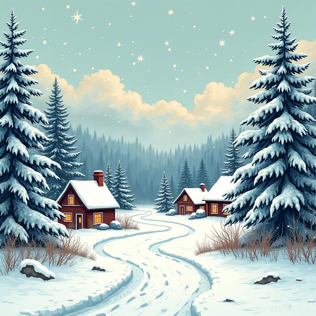 雪花轻舞，树木银装素裹，静谧村庄如梦中。冬日温暖，心灵安宁。❄️🌲  冬雪  