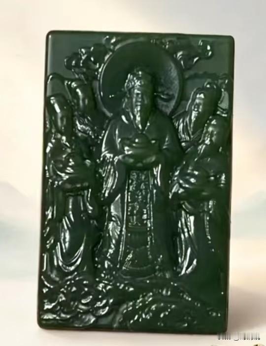今天给大家分享一块和田碧玉五路财神方牌。
 
整块玉牌方正大气，选用和田碧玉，玉