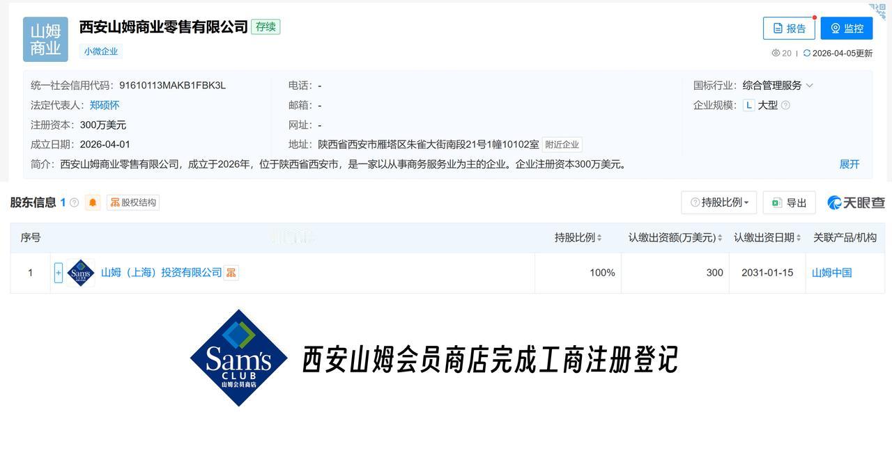 山姆中国于西安成立全新商业零售公司，注册资本为300万美元，经营范围涵盖食品销售