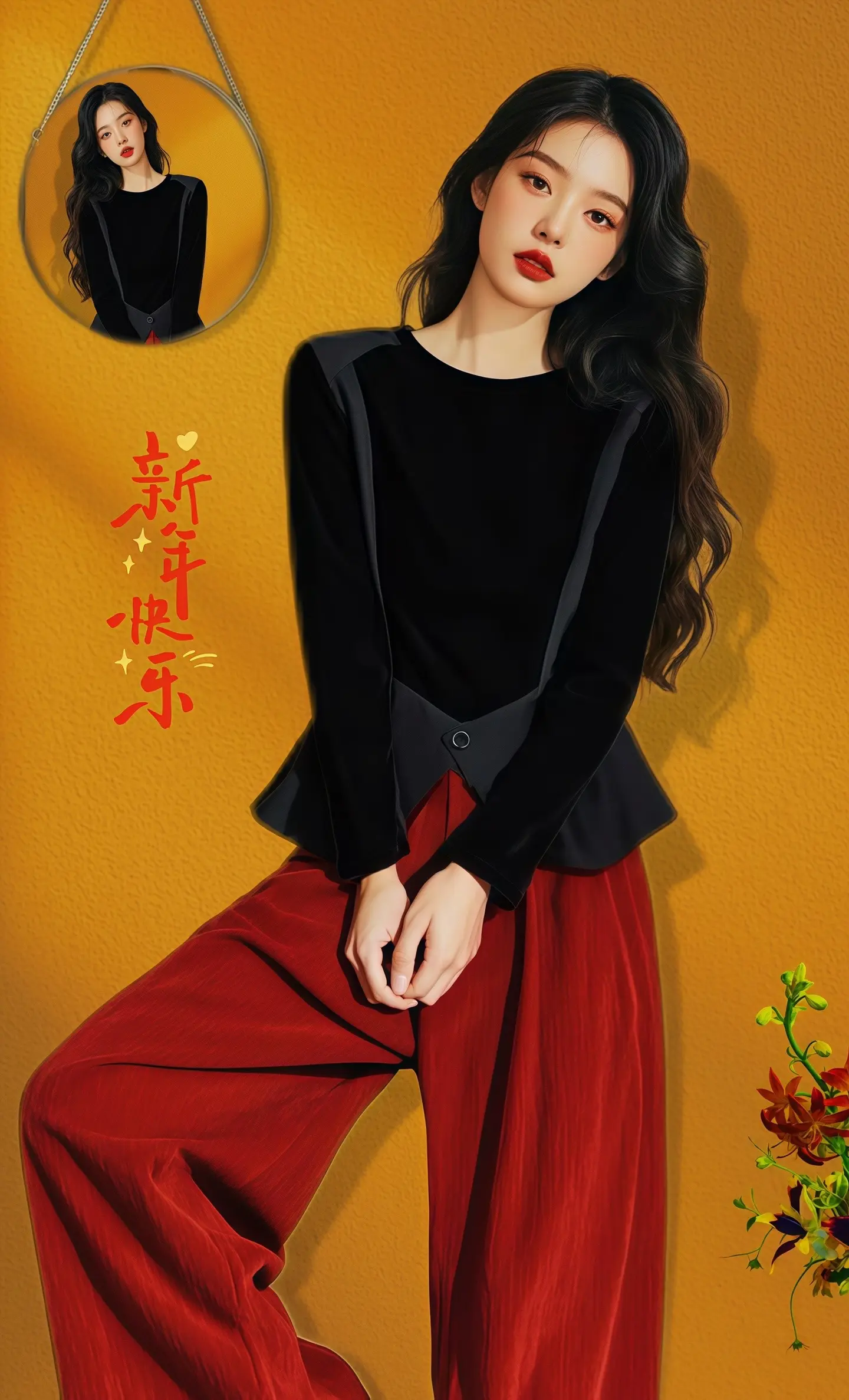 新年出挑秘籍！黑色短款假两件丝绒上衣，神秘质感，勾勒曼妙身形。搭配安哥...