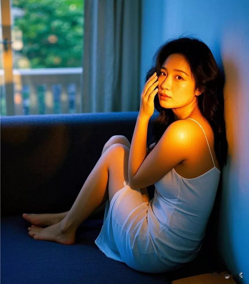《白裙熟女》
 
熟女身着白纱裙，
倚坐沙发静思吟。
玉手托腮眸含韵，
裸足轻踏