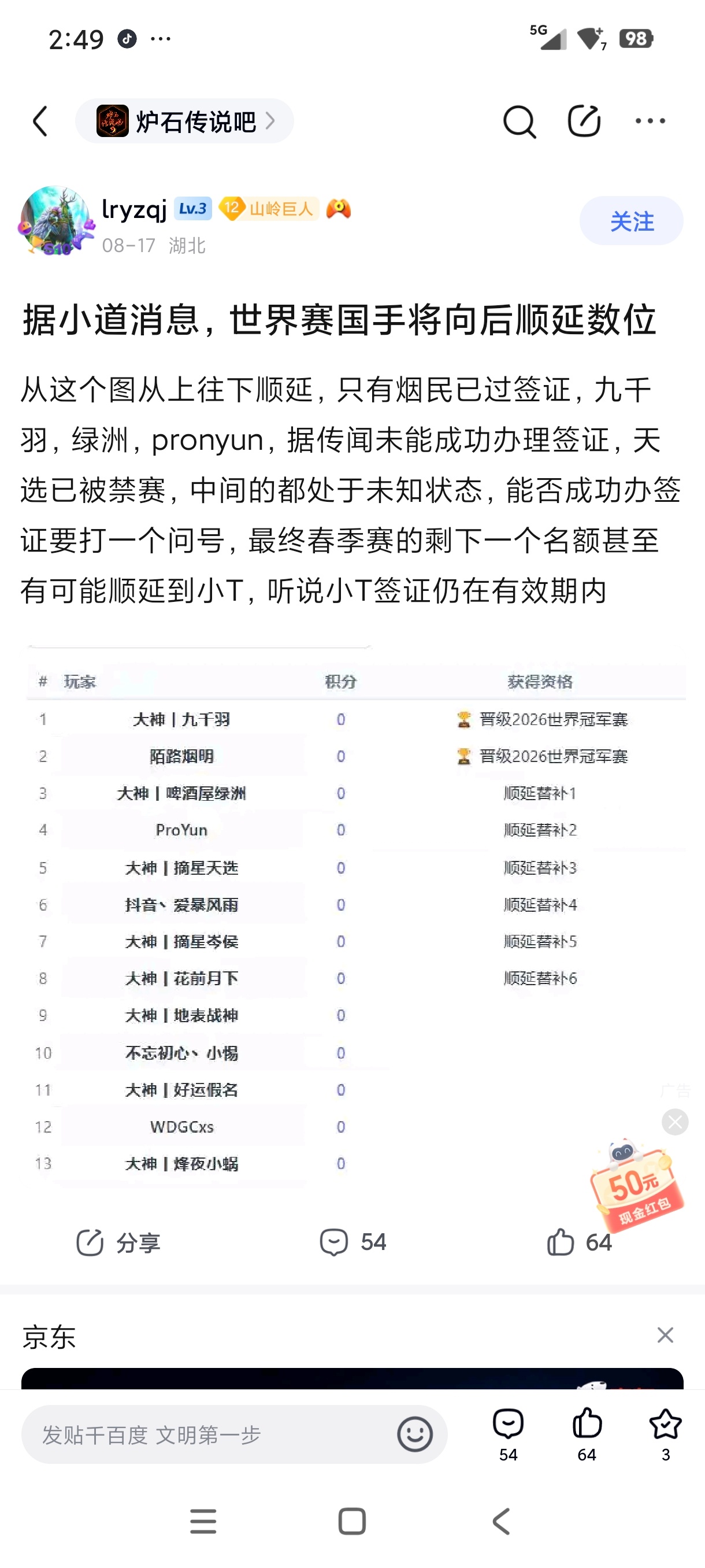 炉石传说 世界赛选手九千羽美签没过，名额顺延之后几位都没过，很可能顺延到有签证的