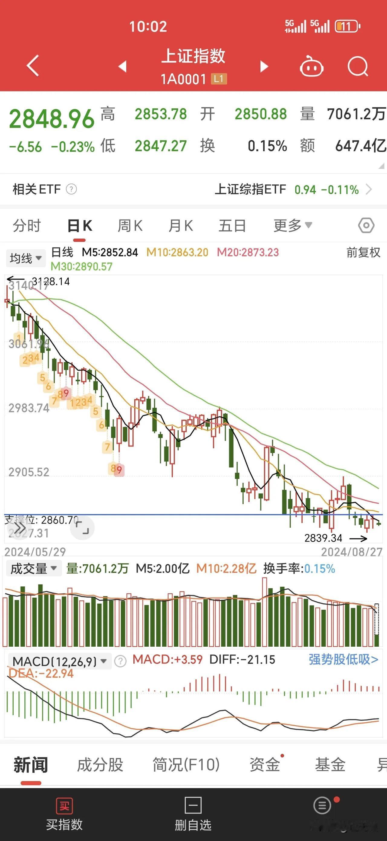 自选里优选的股票基本都是绿的。大部分股票也是下跌的。一直在说下跌趋势，空仓观望为