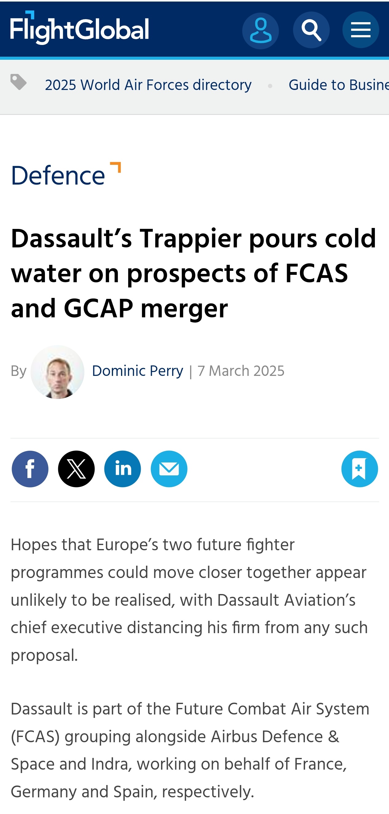 “达索的 Trappier 给 FCAS 和 GCAP 合并的前景泼了一盆冷水”