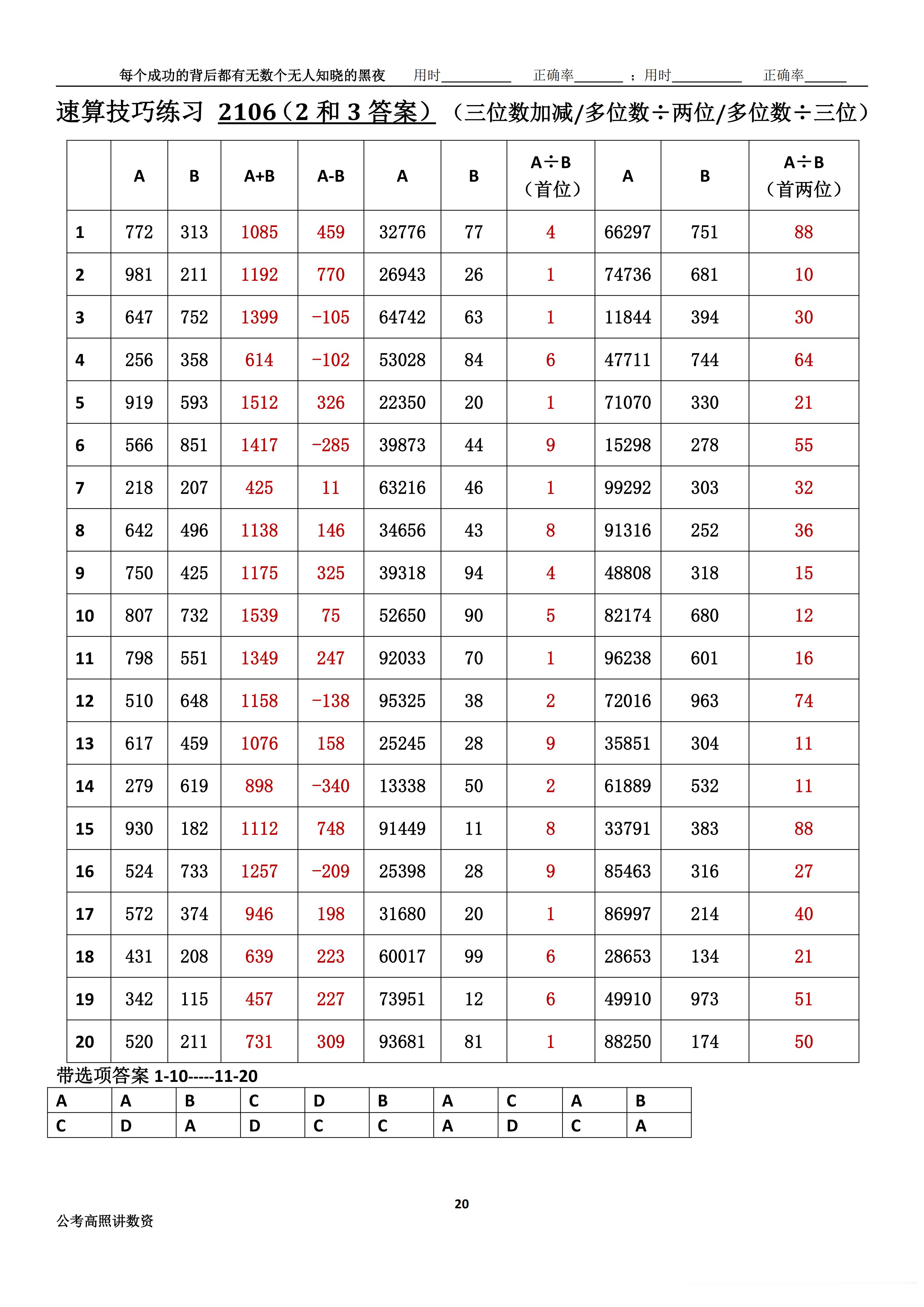 跟着高照练速算决战公考  速算练习2106相信自己，努力学习。速算链接汇总：网页
