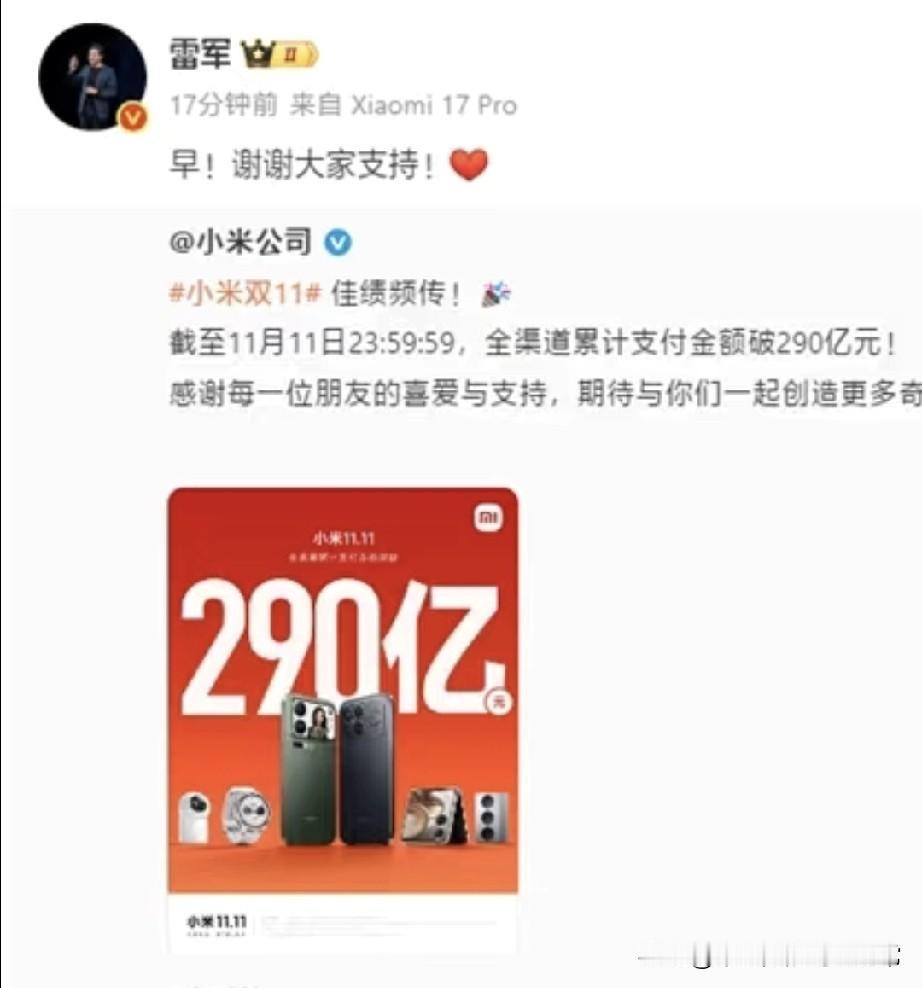 小米双11卖290亿，比去年少29亿就“不行了”
 
有人盯着销售额喊“小米凉了