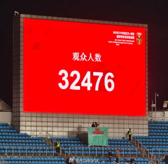 男足国字号今日两场比赛现场观众人数：U23国足在贵州对阵塔吉克斯坦32476；国