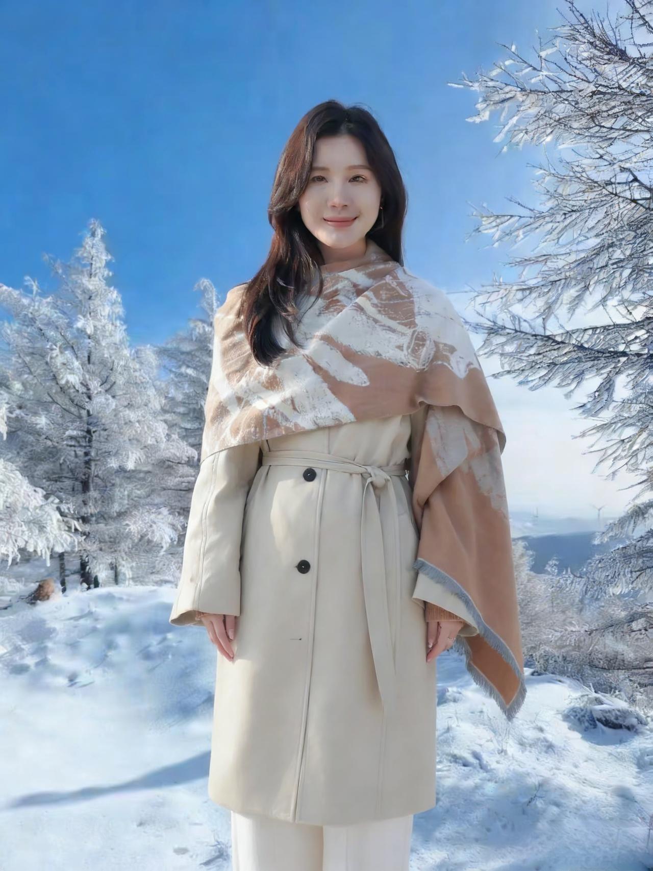 雪把天空揉成透亮的蓝
雾凇在枝桠上结出羽毛
她站在雪地里，像一页未拆的信笺
米色