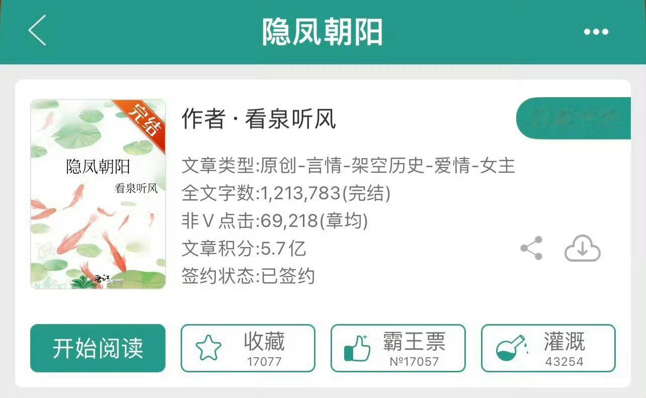 小说推荐：《隐凤朝阳》 作者:看泉听风简评：貌美落魄公主vs宠妻满分皇子，穿越，