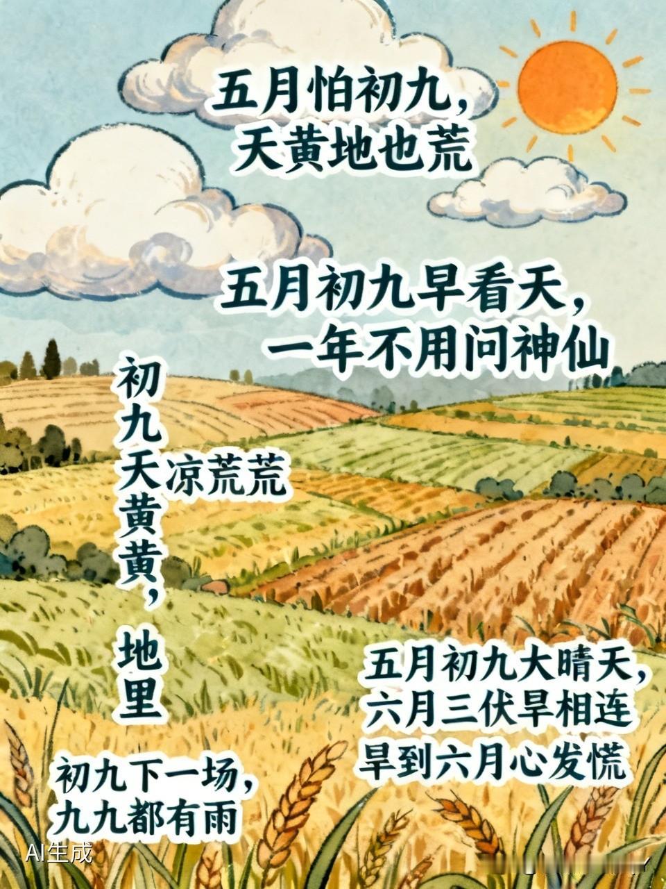-今天是五月初九民间俗语有
五月畏初九，天黄地亦荒：初九天色昏黄，预示干旱、地荒