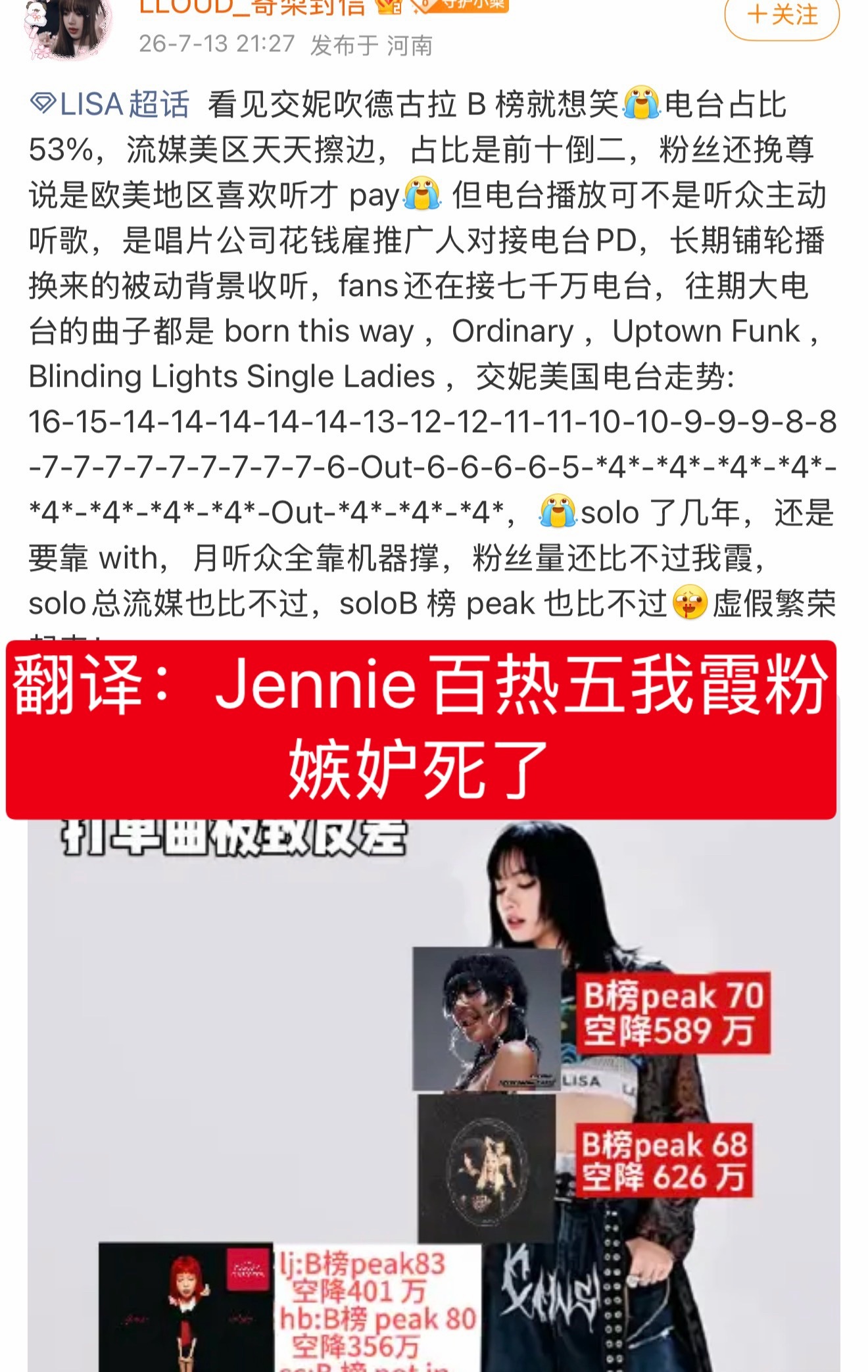 说了一大堆然后我们还是恭喜Jennie德古拉百热5️⃣吧，Lisa没有百热5️⃣
