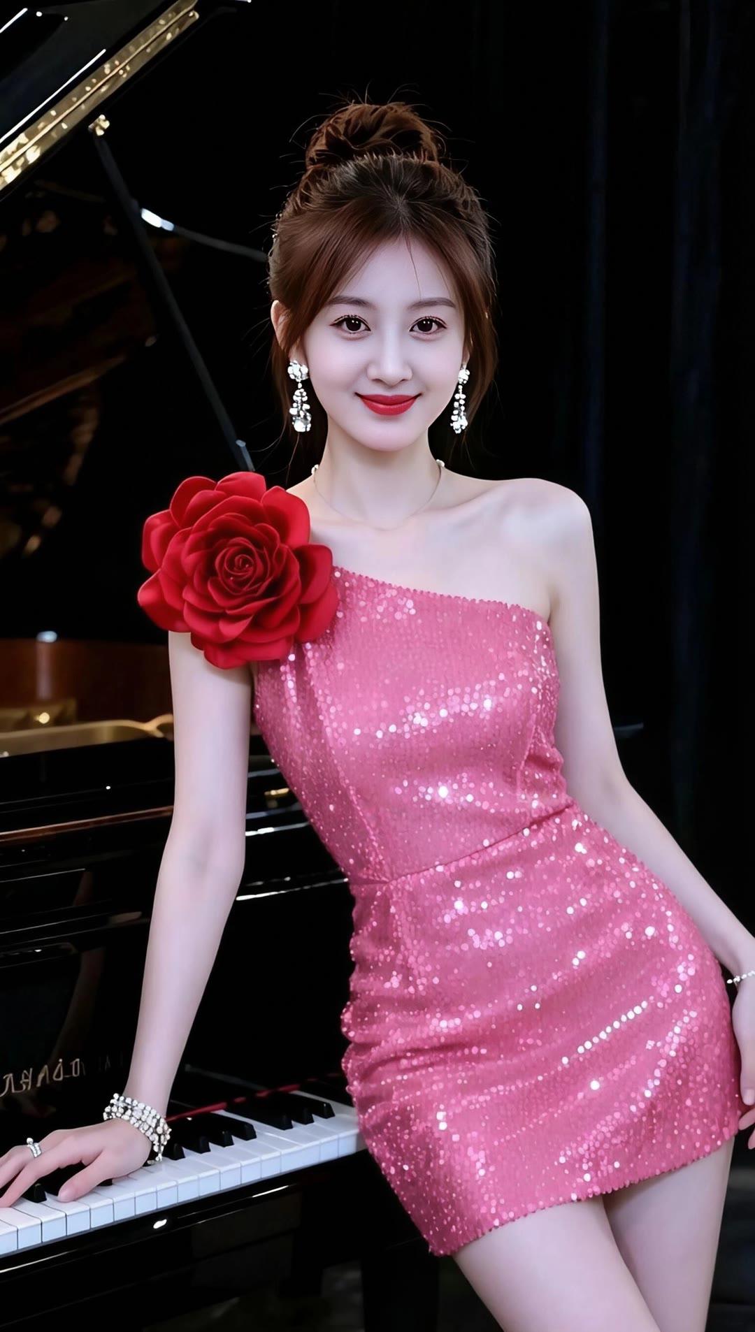 优雅钢琴少女，闪耀粉色礼服，红玫瑰相伴，尽显迷人魅力！🎹🌹✨