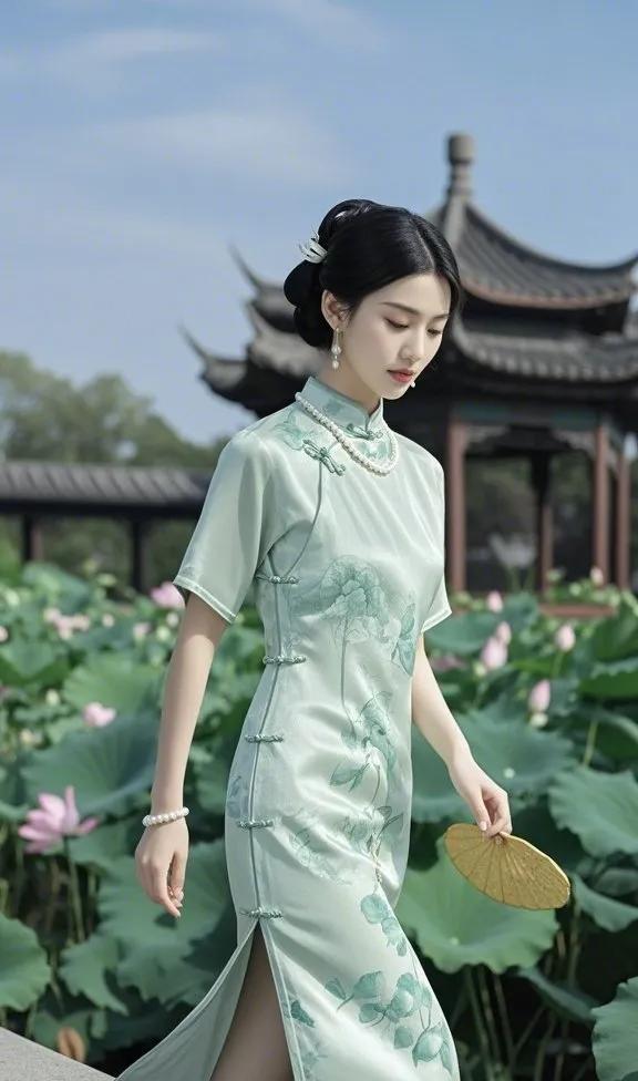 古风少女漫步荷塘，典雅旗袍尽显东方韵味。国风旗袍美女、 秀一秀旗袍的美 如画佳人