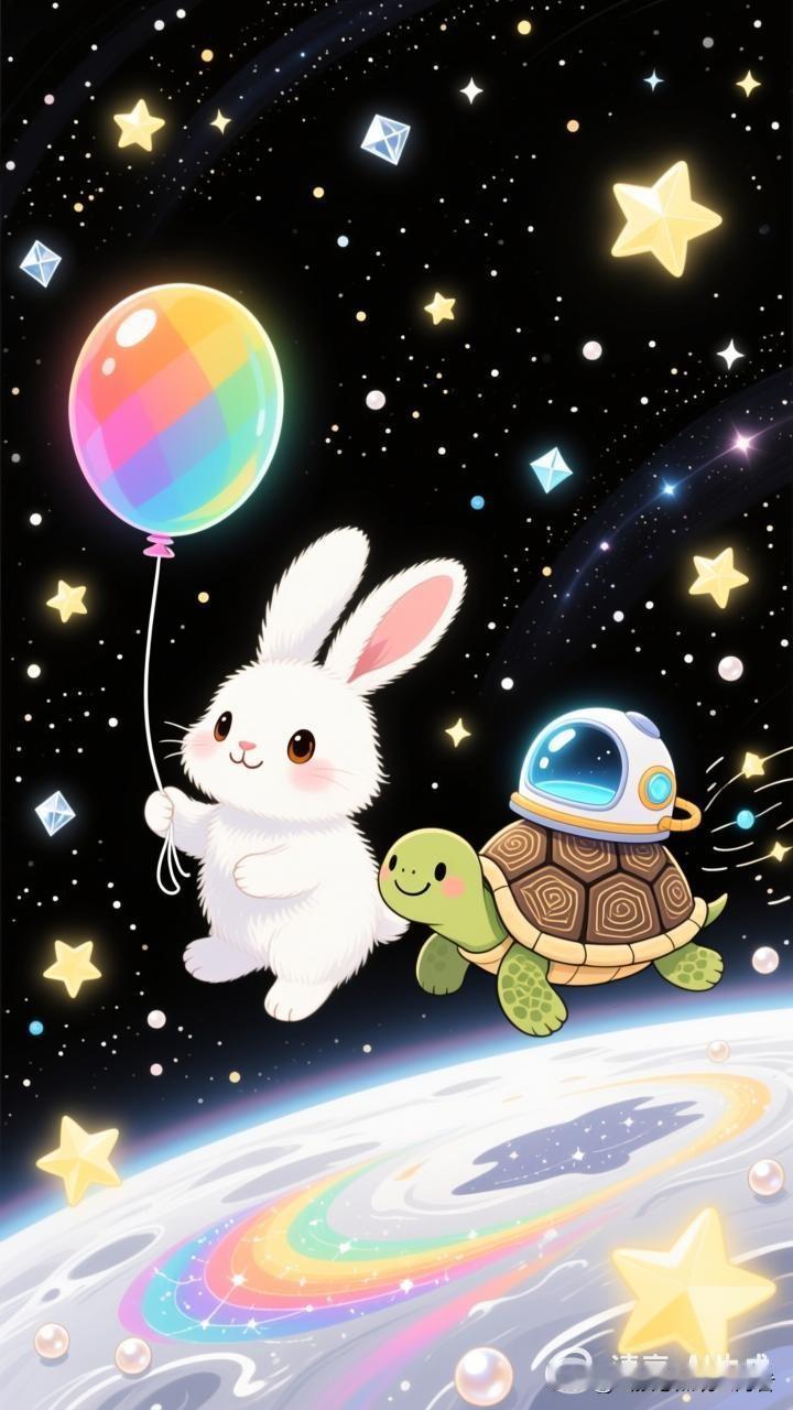 兔子和乌龟，永远在一起。谁能拒绝这么治愈的画面啊！雪白小兔攥着彩虹气球，旁边小乌