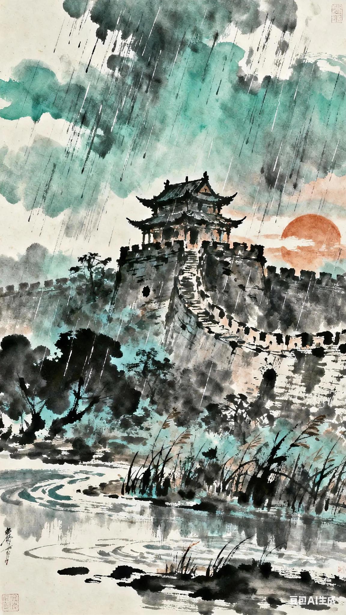 《 八声甘州》宋、柳永。
对潇潇暮雨洒江天，
一番洗清秋。
渐霜风凄紧，
关河冷