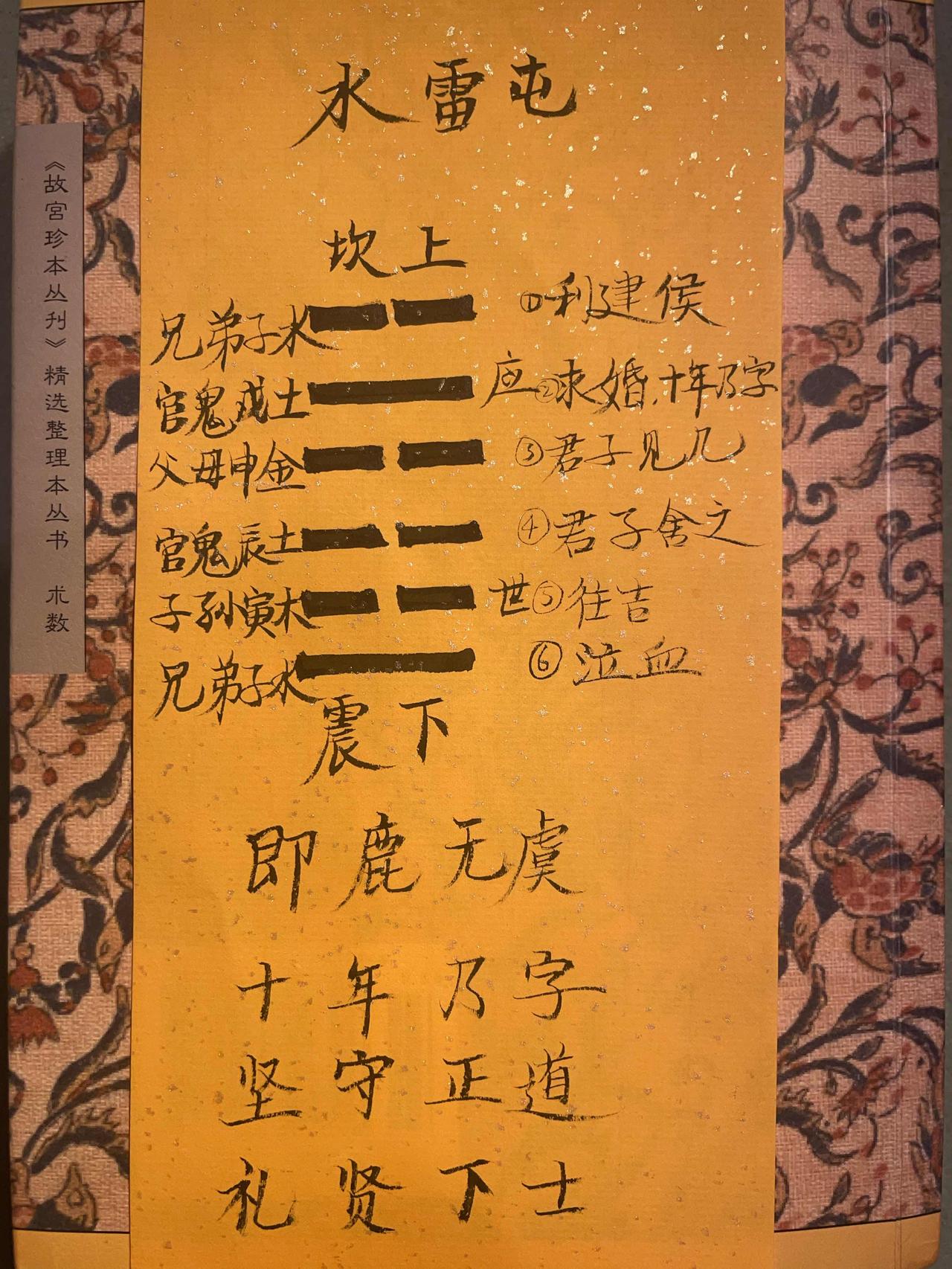 水雷屯 
坎上震下，震雷和坎雨交加，于是草木生焉。在不安宁中建国封侯。 
初九，