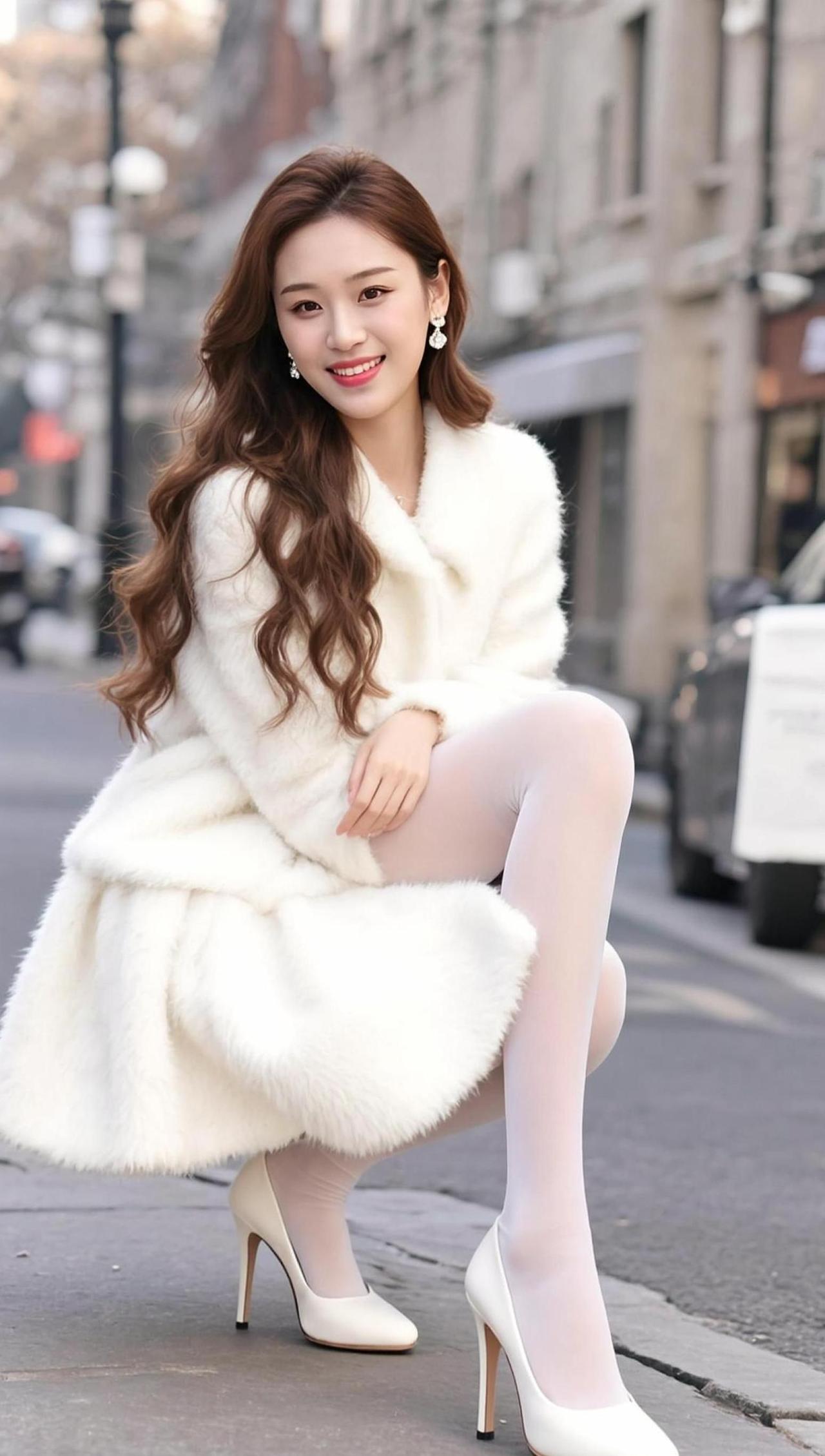 街角的光影轻轻洒落，像被风吹散的奶油糖霜，温柔地裹住她一身纯白。毛绒大衣在风里微