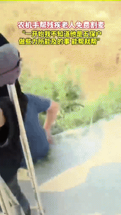 “好人有好报！”山东聊城，一农机手给大妈割完麦后，大妈的丈夫杵着拐杖慢悠悠的也来