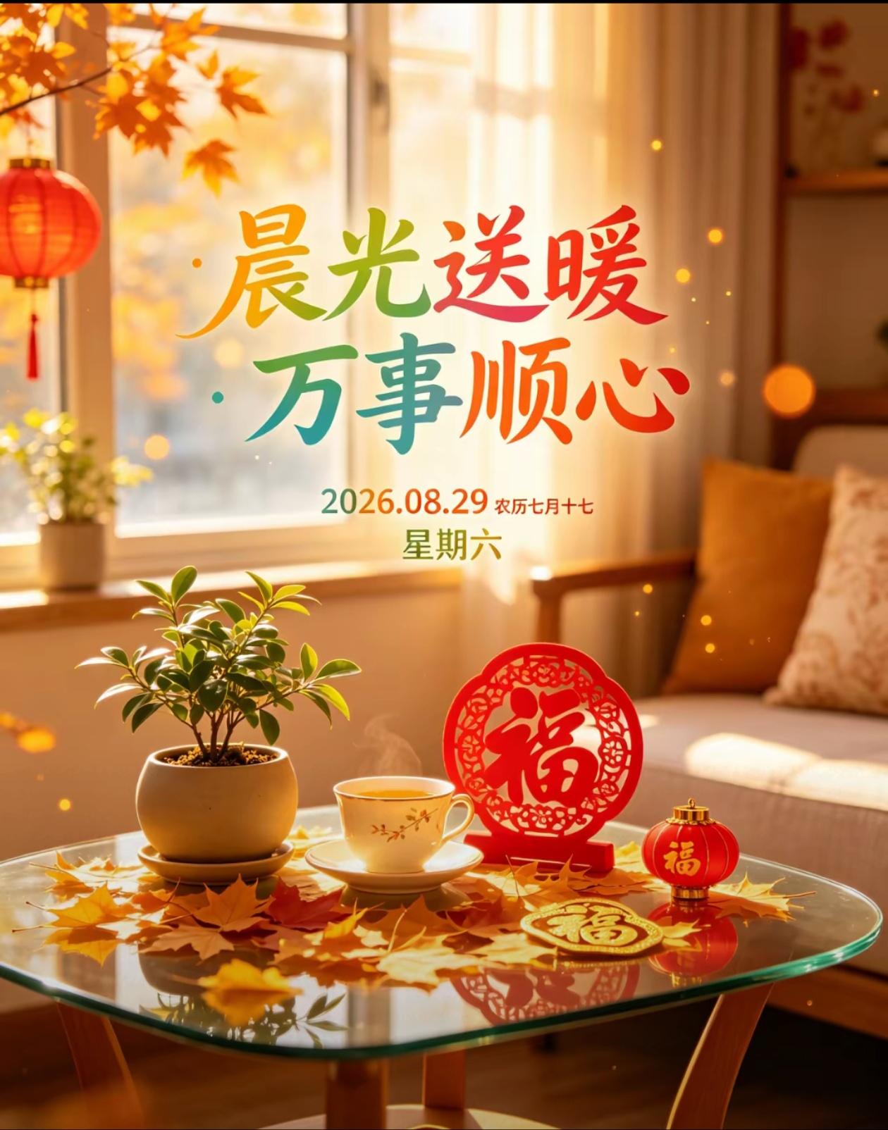[福]2026./8月29日，周六早安，静赏一帘秋韵，万事渐得心安[福]
 
☘