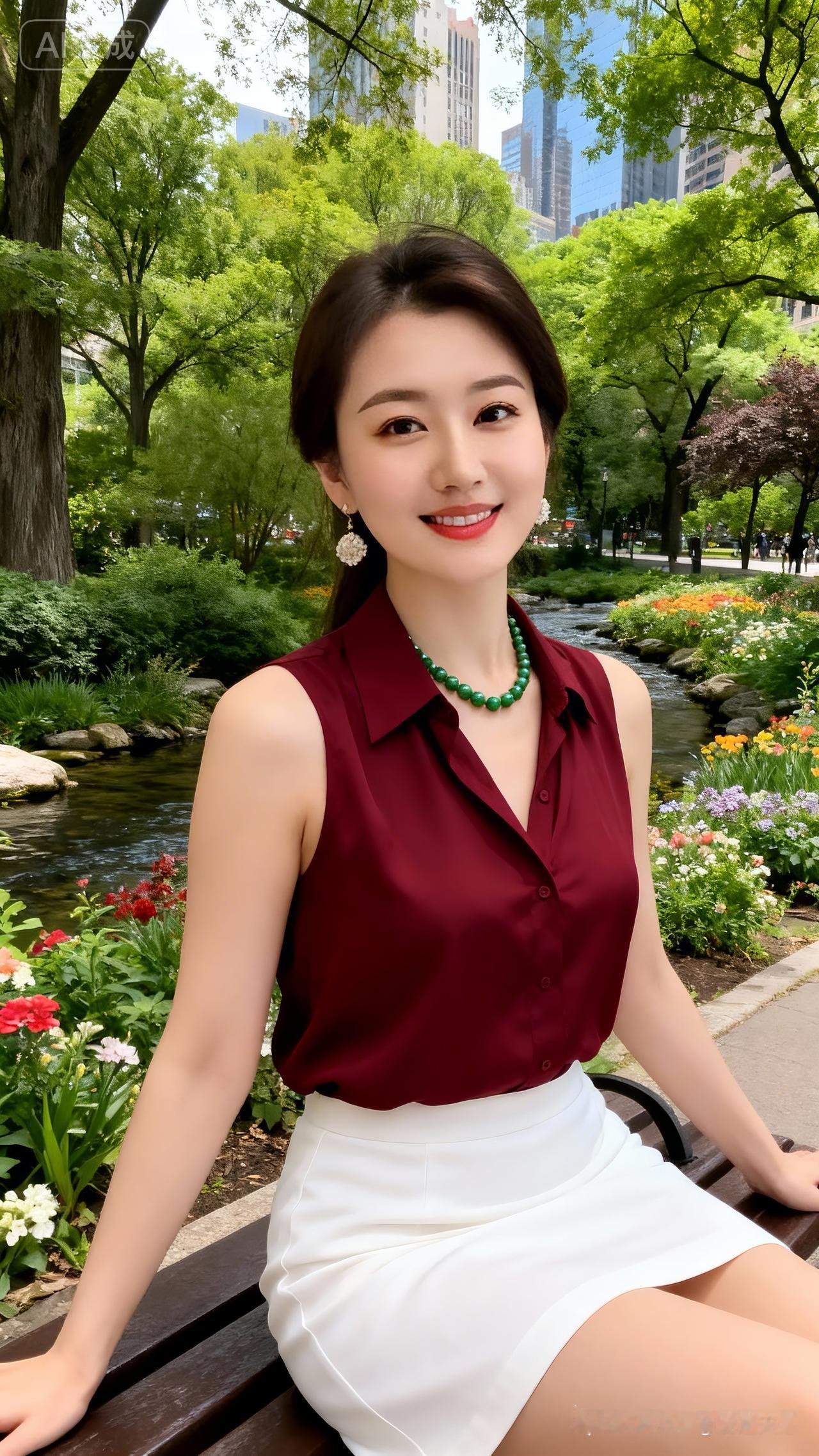 酒红色无袖衫配白色短裙的女神，颈腕垂着绿珍珠饰件，倚坐公园长椅。浓荫覆顶，繁花簇