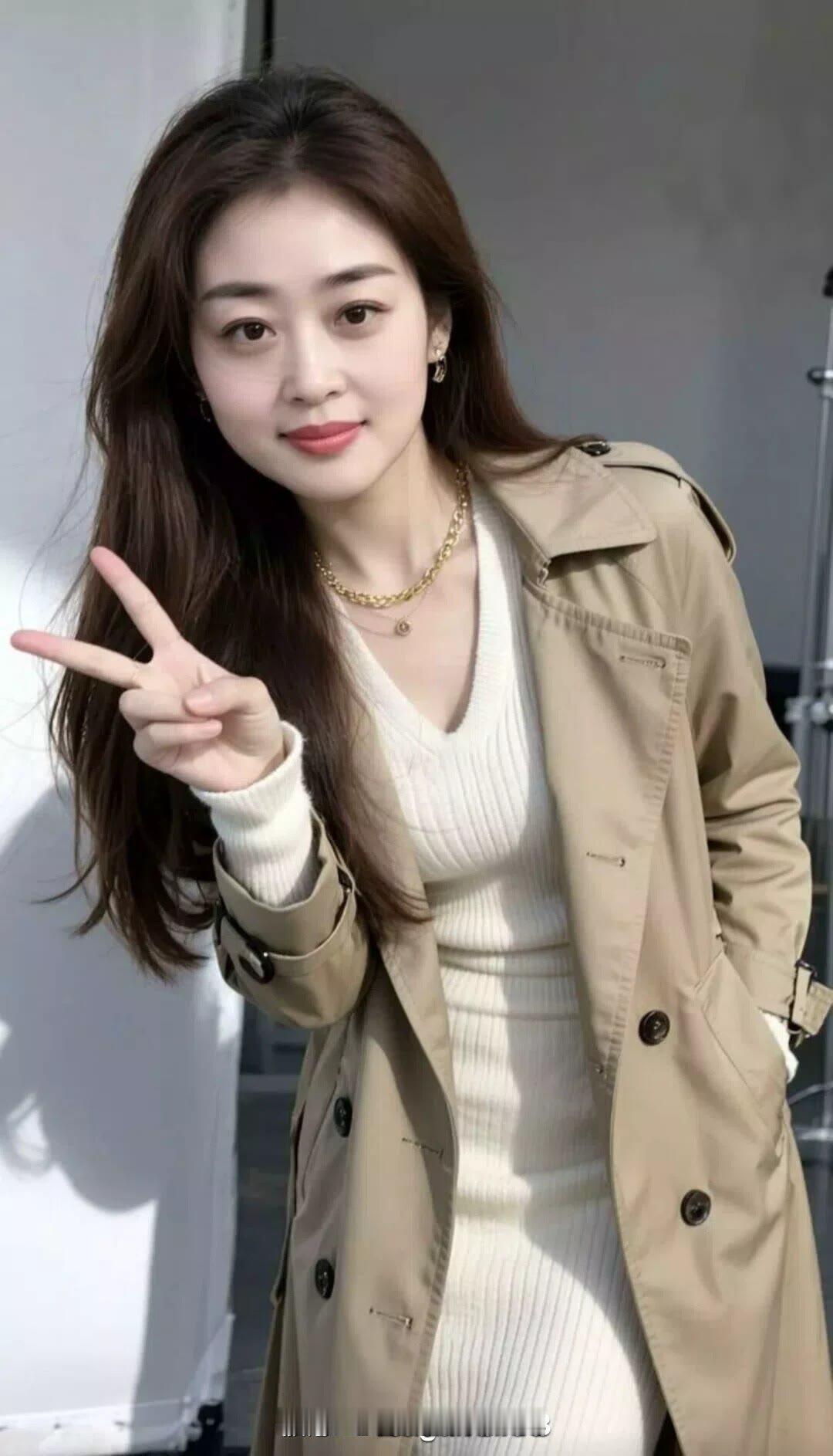 阳光明媚的一天，元气满满的美女比出V字手势，穿搭时尚又可爱！🌞👗💖