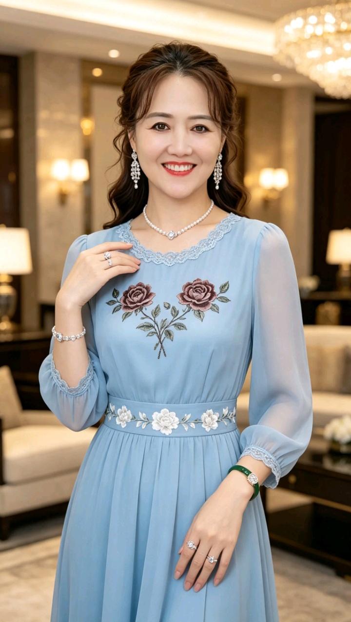 这位女士穿着漂亮的蓝色连衣裙，笑得真好看！颜值、才华、人品，哪个对人最重要 女生