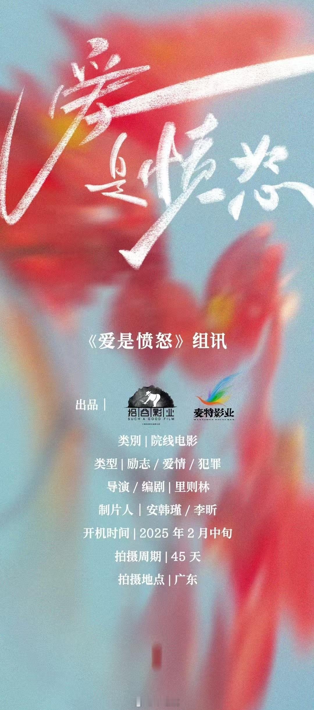 爱情犯罪电影《爱是愤怒》主演：马思纯、王安宇导演/编剧：里则林（雄狮少年）2月中