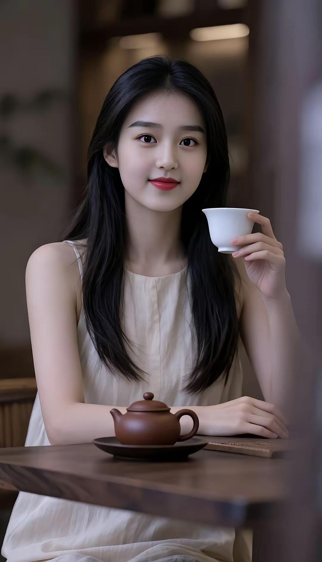 一个女孩在喝茶，微笑着看镜头。