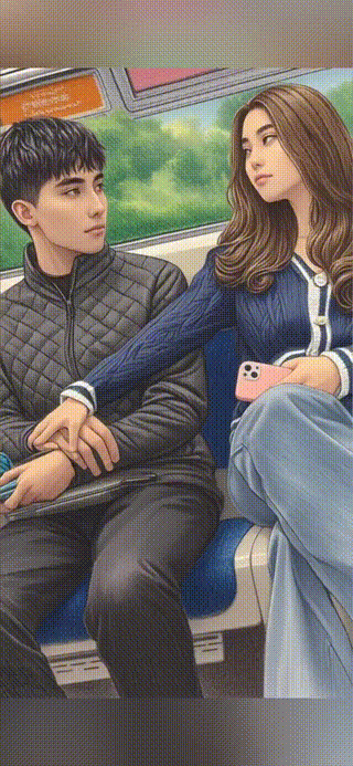 一个男孩面无表情的上了一辆地铁，他找到了一个座位，坐了下来，一只手放在另一只手上