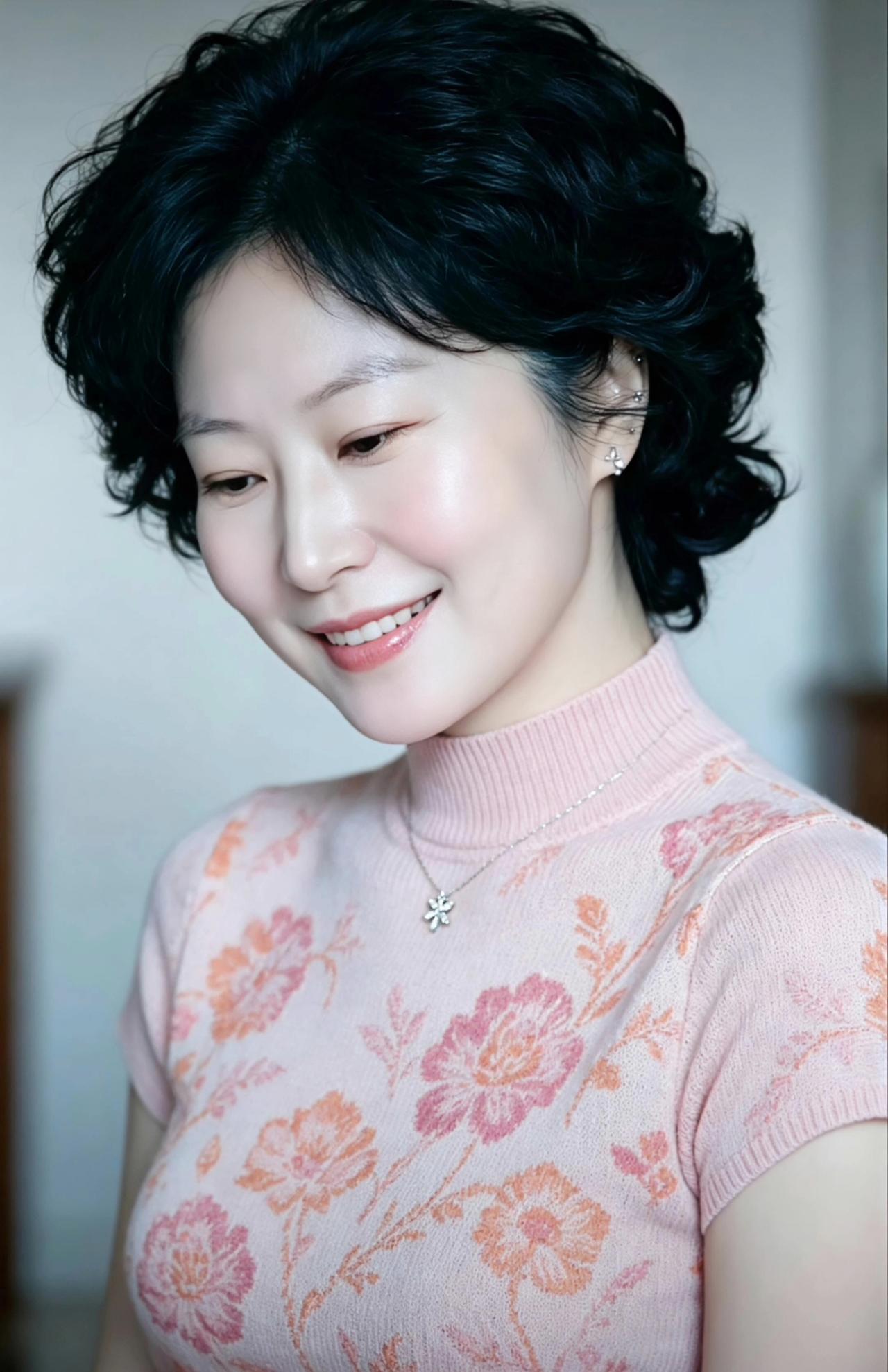 这位女士微笑着，穿着粉色花衬衫。