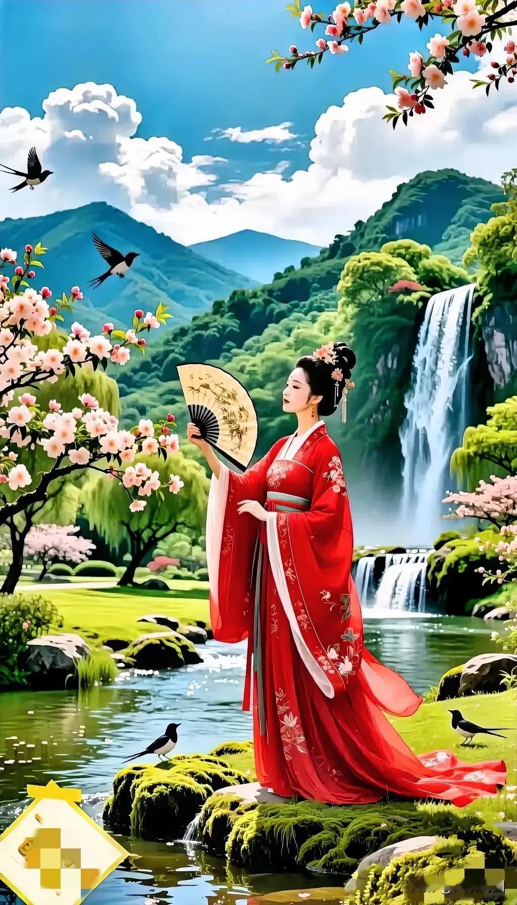 遇红衣仙子
穿越尘烟踏入古乡，于幽深林野邂逅艳美红妆。
罗衣似火惊破幽梦，笑靥如