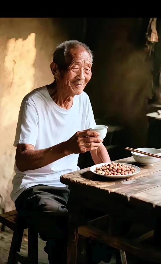 一盘花生半杯酒，
 日子穷富难回首。
 守住老屋精神有，
心态平和慢慢走。