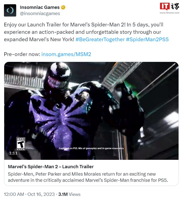 索尼《漫威蜘蛛侠 2》发售预告公布，10 月 20 日上线