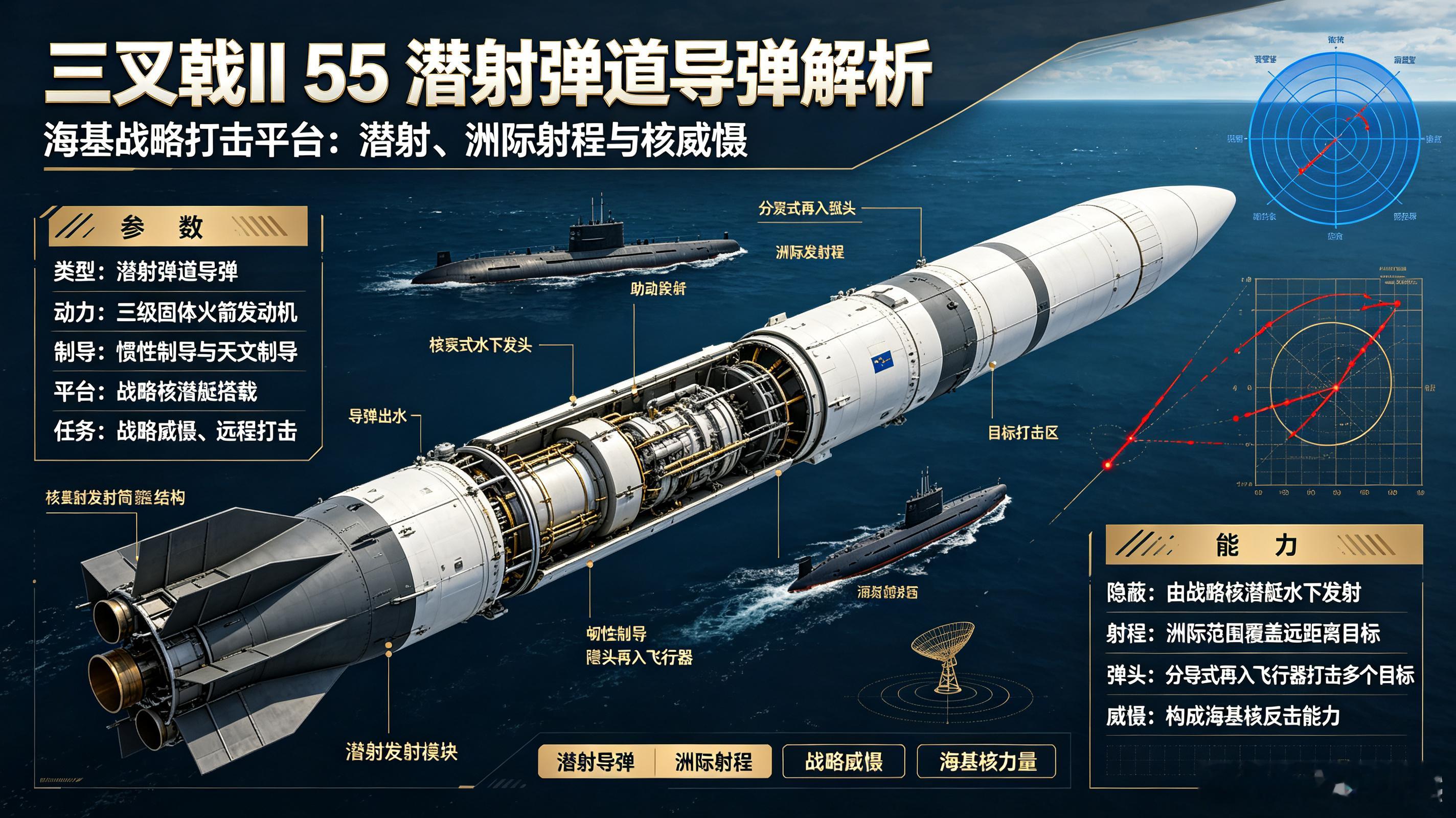 三叉戟II D5，美军潜射弹道导弹。由战略核潜艇水下发射，三级固体火箭发动机提供