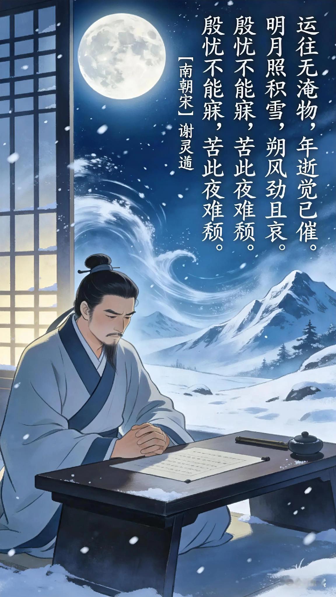 《岁暮》南朝宋、谢灵运。
运往无淹物，
年逝觉已催。
明月照积雪，
朔风劲且哀。