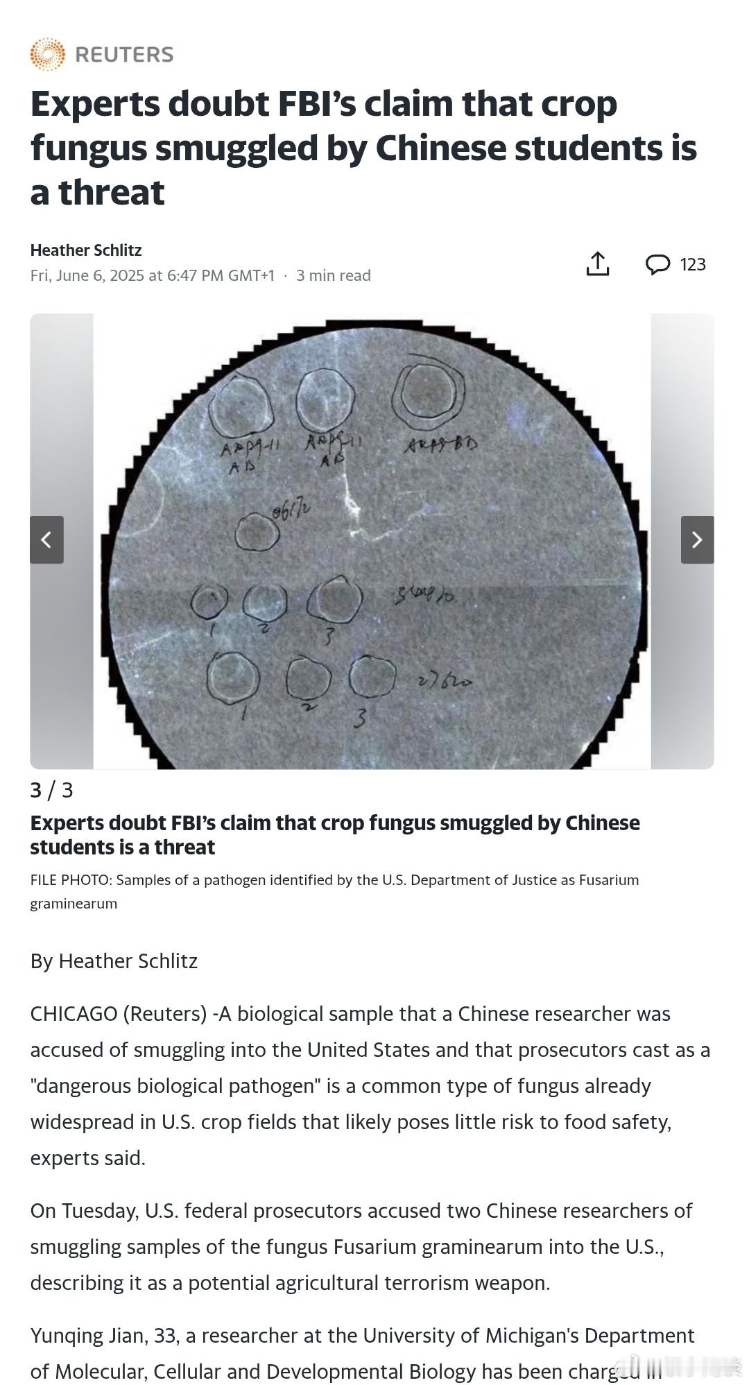 【专家质疑FBI关于中国学生走私农作物真菌构成威胁的说法】〔有毒的国家看啥都有毒