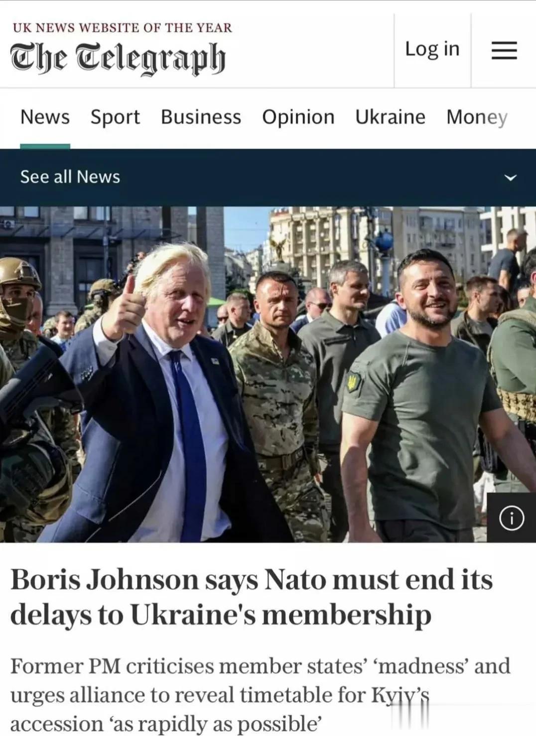 据英国《电讯报》报道，英国前首相鲍里斯·约翰逊表示，北约必须停止对乌克兰加入北约