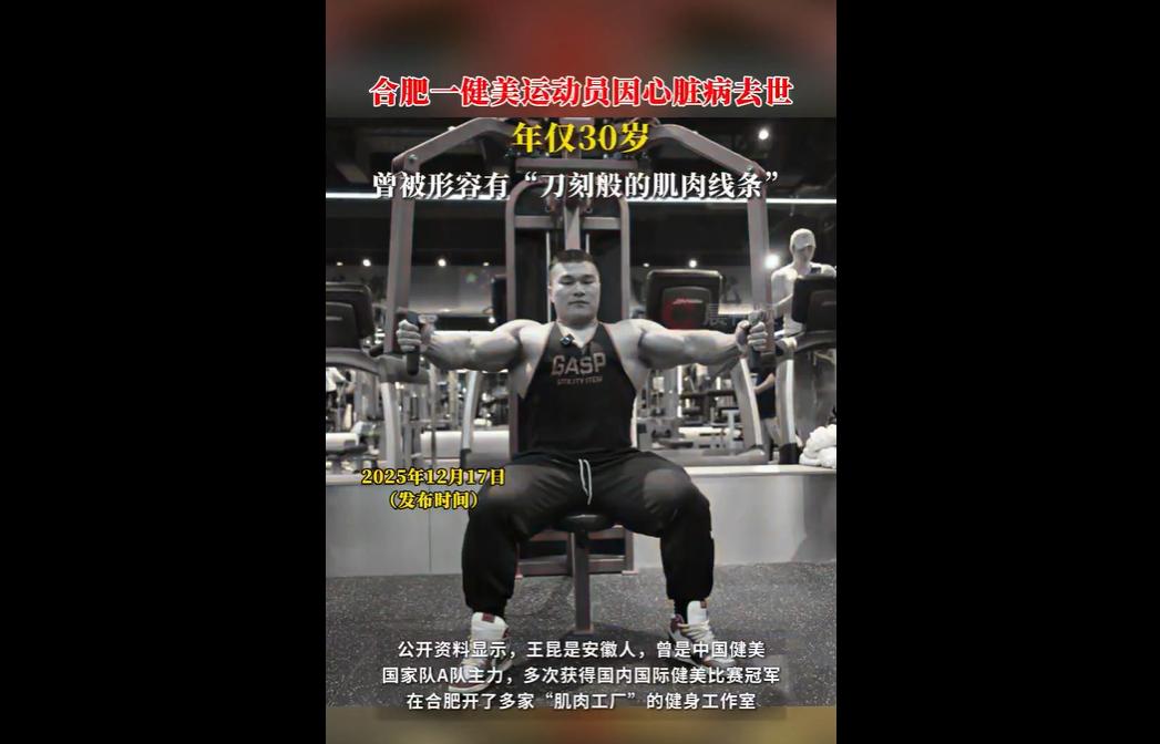 30 岁健美冠军王昆疑因心源性心脏病去世，14 日离世，官方与协会确认消息。
他