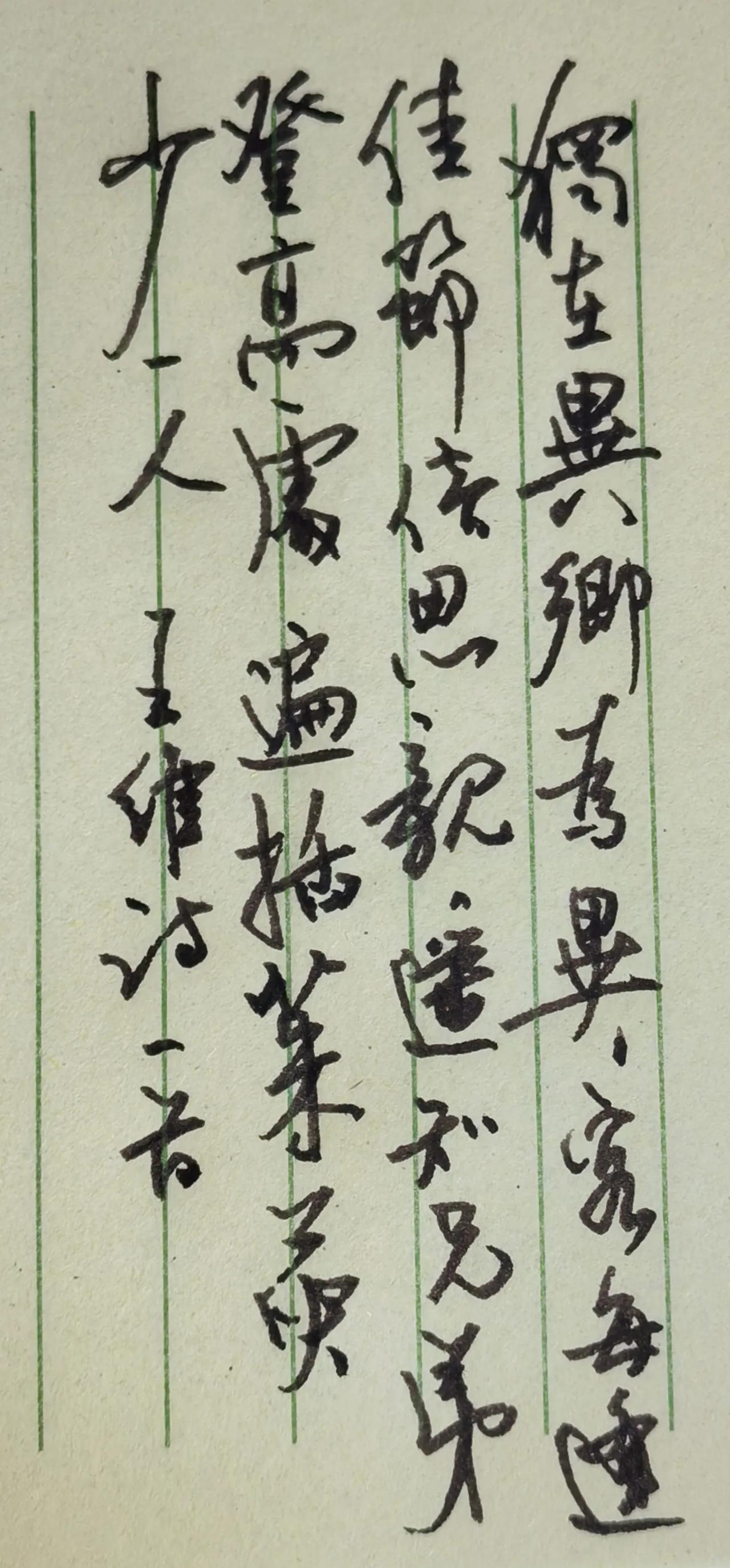 硬笔行草，线条灵动，字势连贯，在格线之内排布自然。笔画轻重有变化，“异、逢、遍、