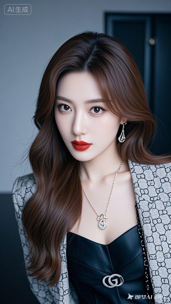 国风精致美女，棕直中长发大眼双眼皮高鼻梁，轻奢品牌穿搭配精致饰品，气场绝佳，干练