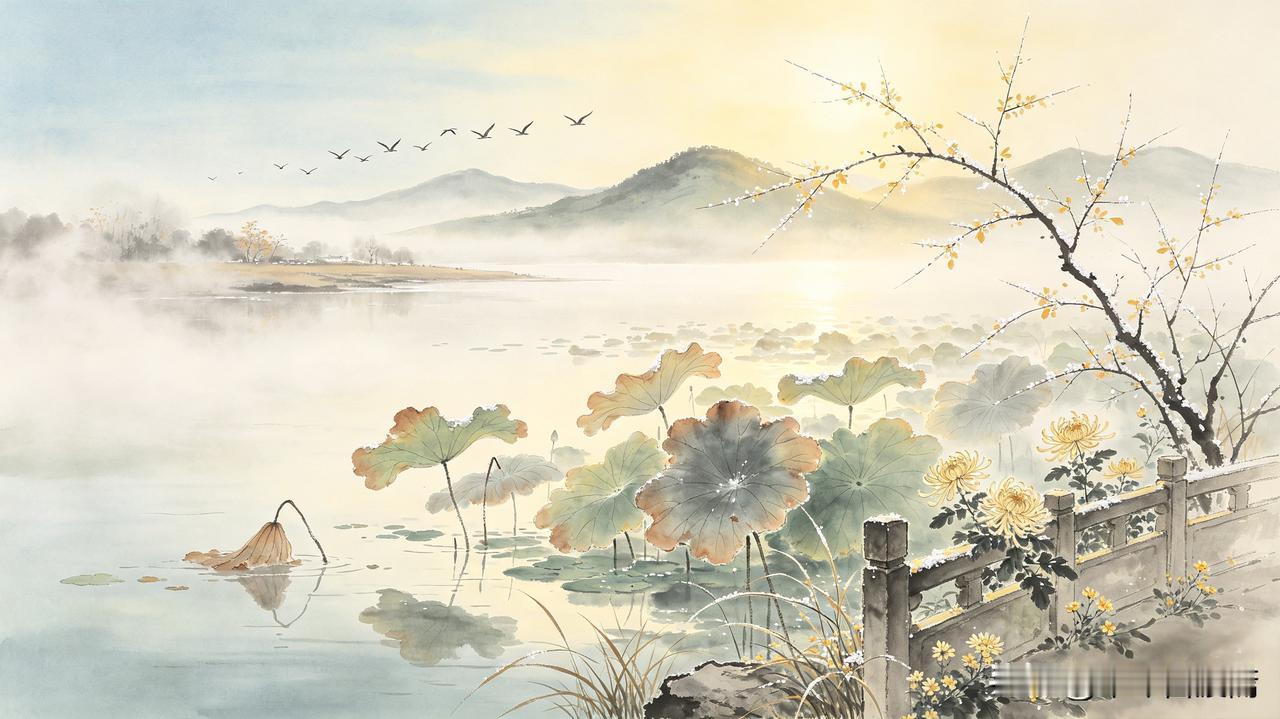 鹧鸪天·寒露
 
冷露凝枝染浅黄，征鸿南去渡寒江。
残荷淡敛池边色，寒菊轻开篱下