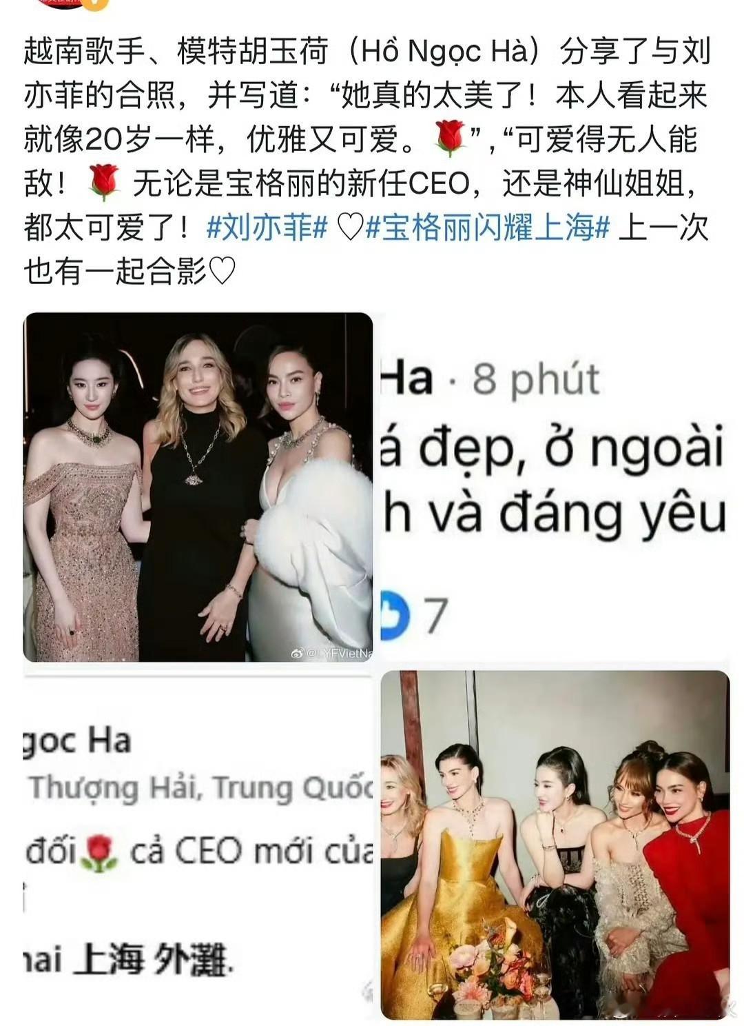 越南女星回应合照被刘亦菲裁掉了 刘亦菲在社交平台发布宝格丽晚宴合照时裁掉越南女星