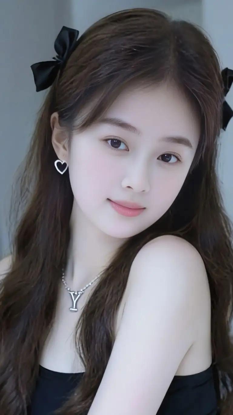 甜美少女风，黑发蝴蝶结，心形耳环，Y字项链，温柔微笑💖🌺🌟