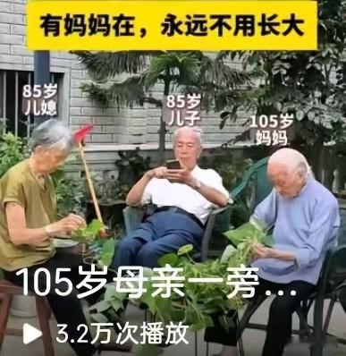 谁看了这一幕不心生温暖，105岁老母亲身体硬朗，安安静静坐在一旁整理青菜。身旁8