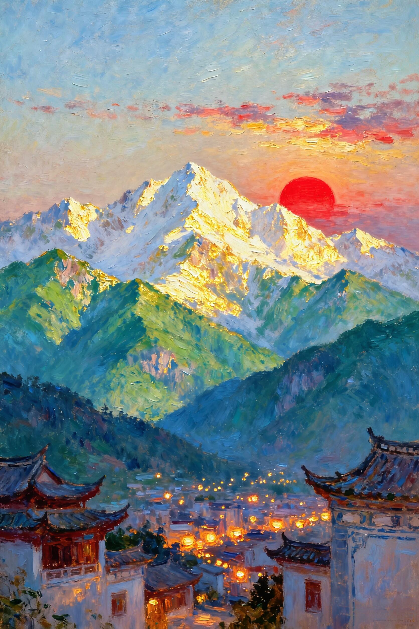 日落青山 油画 