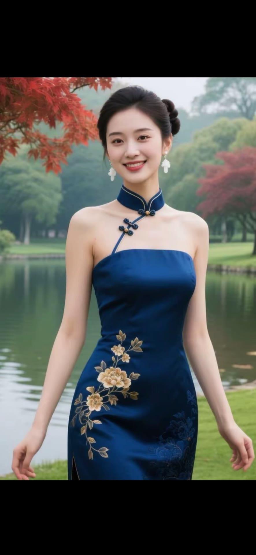 优雅蓝裙，秋日公园的美丽瞬间